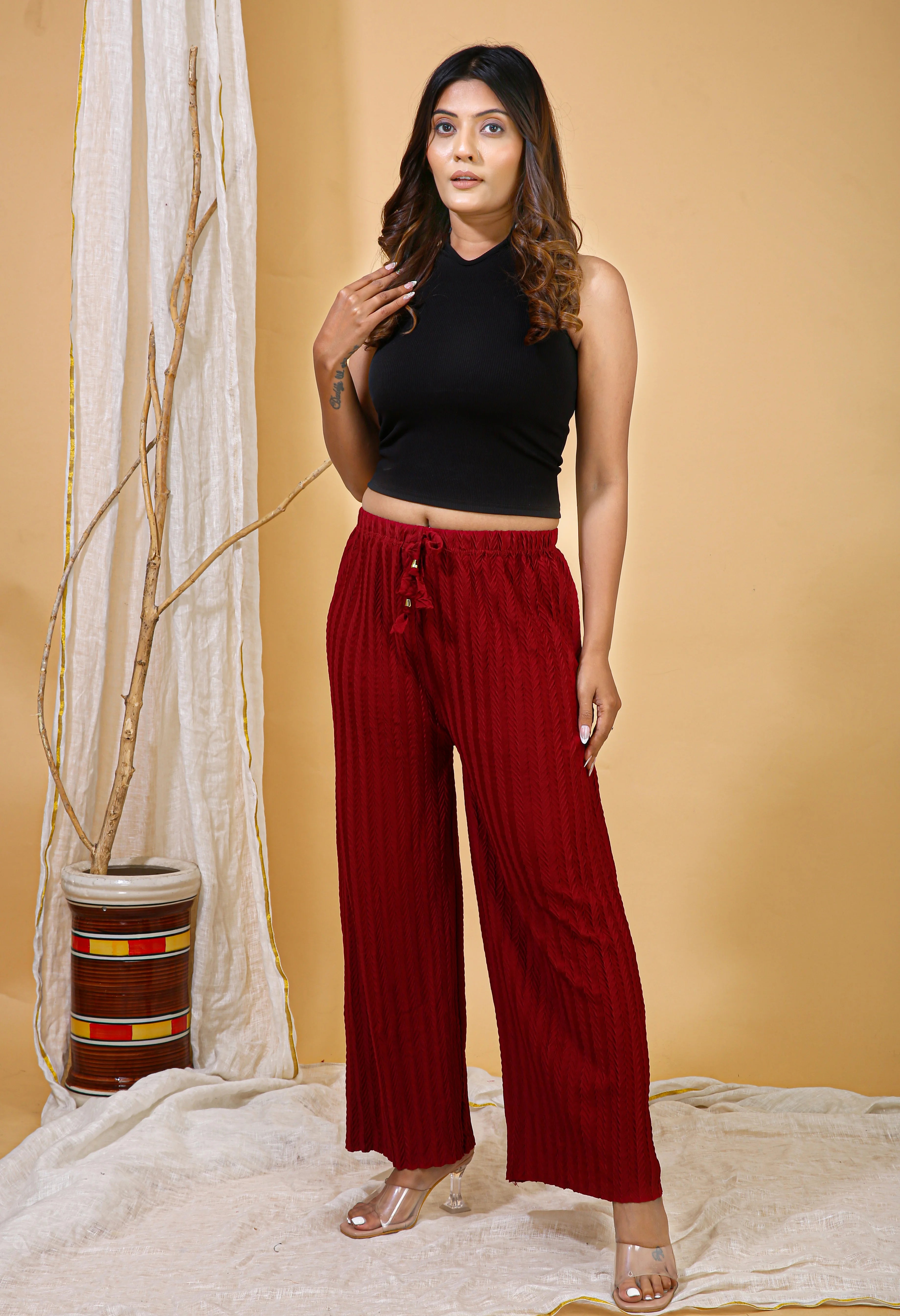 Wine Floral Textured Palazzo