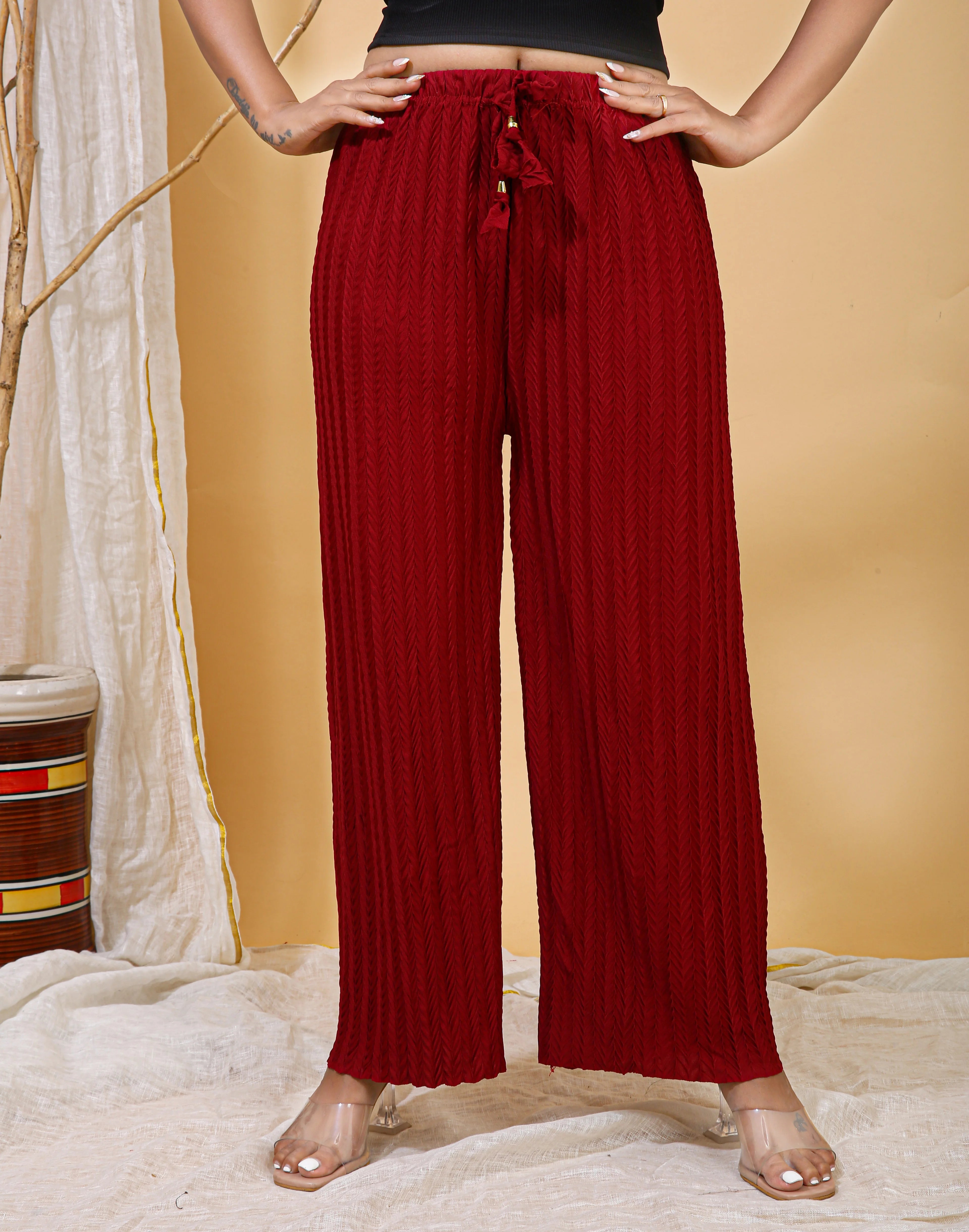 Wine Floral Textured Palazzo
