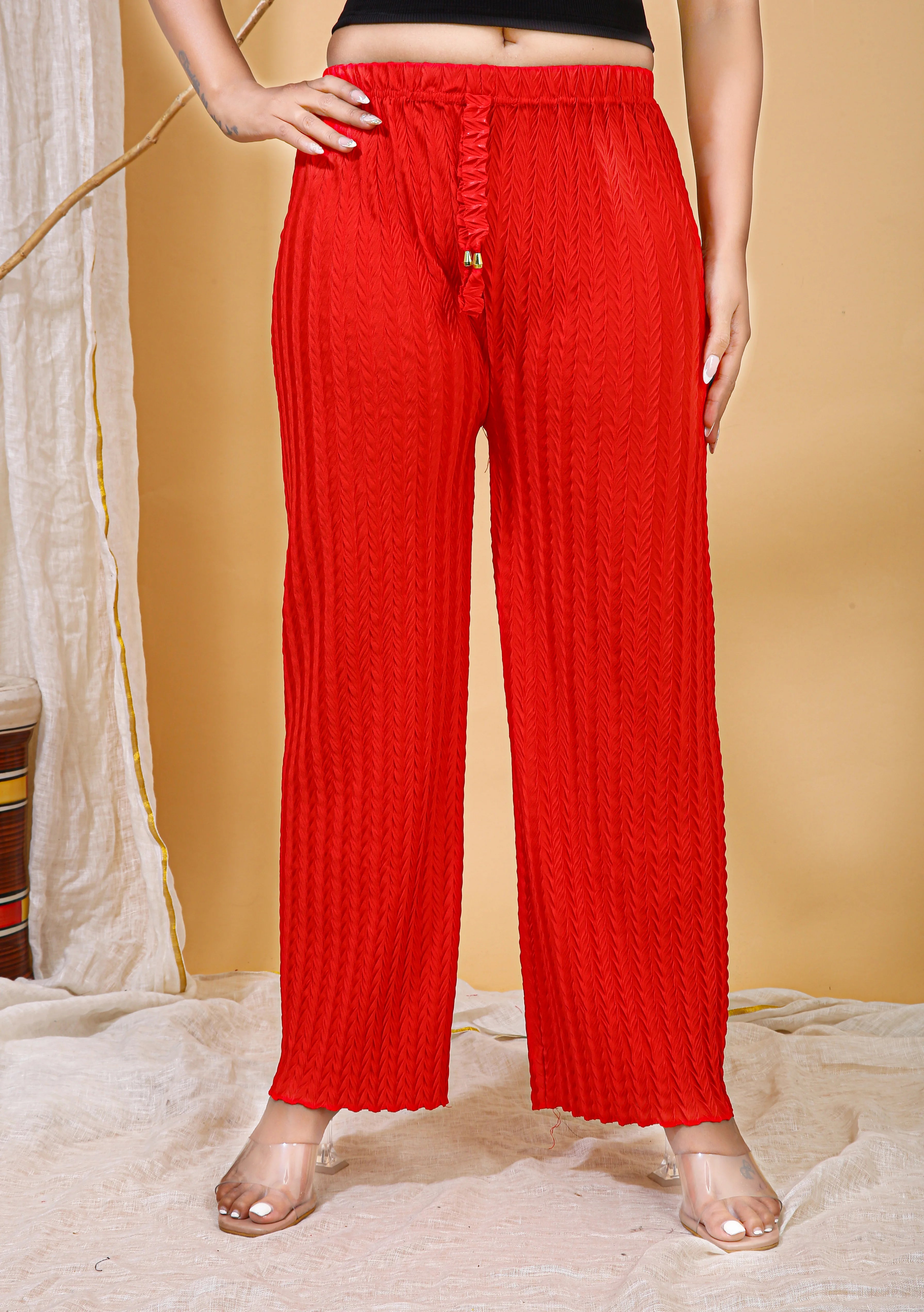 Bright Red Floral Textured Palazzo