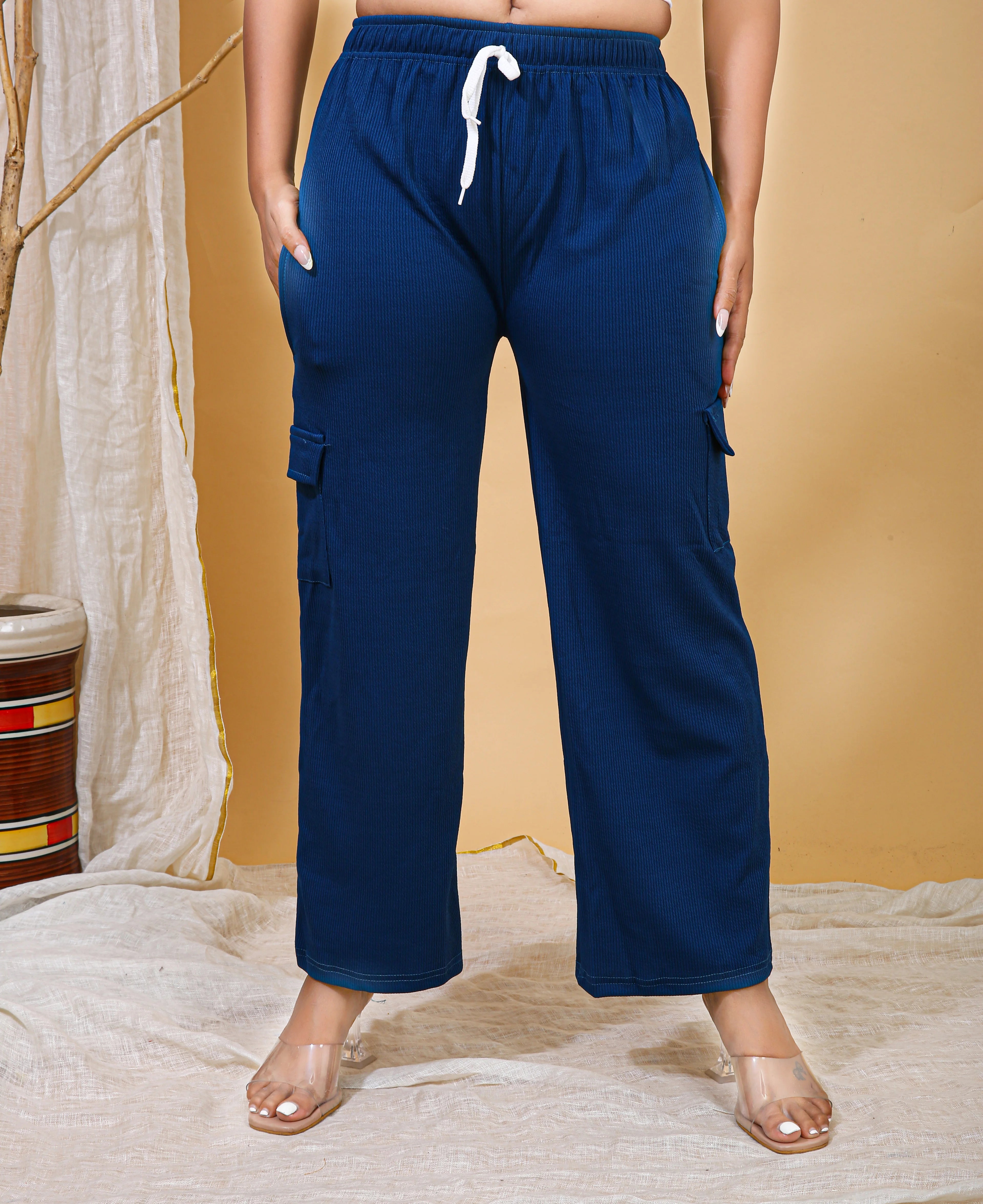 Ocean Blue Cotton-Blend Trendy Cargo Pant