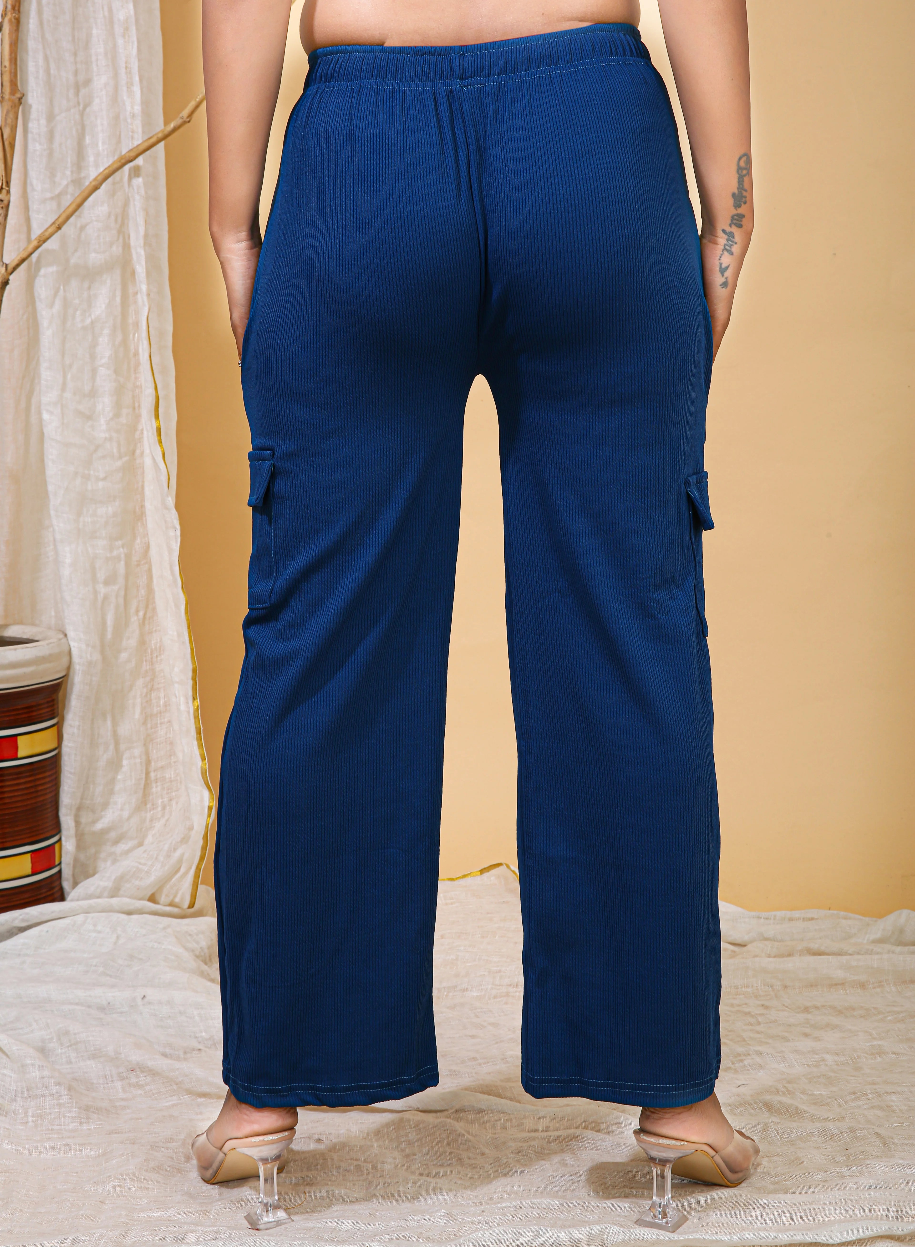 Ocean Blue Cotton-Blend Trendy Cargo Pant